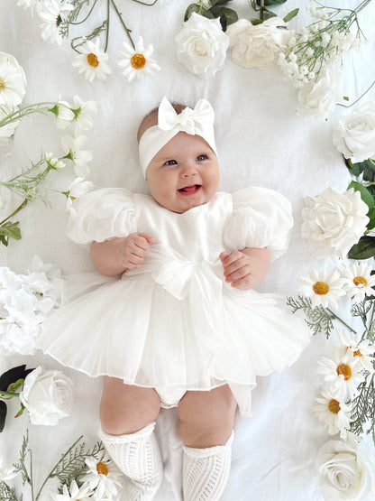 Clementine Matte White Organza Baby Girl Romper