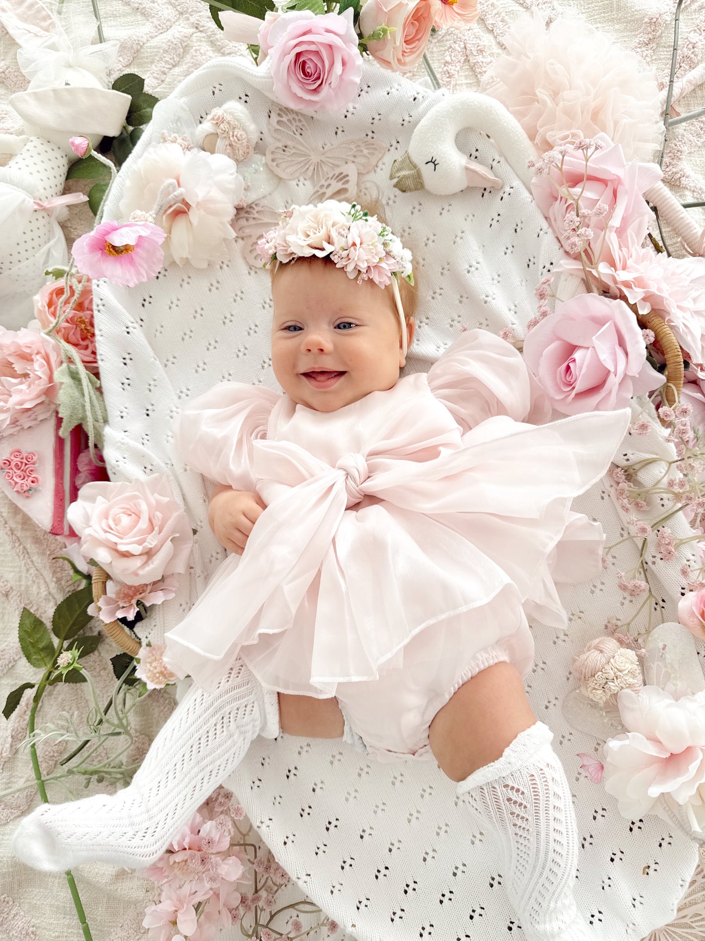 Scarlette Rose Petal Pink Organza Baby Girl Party Romper