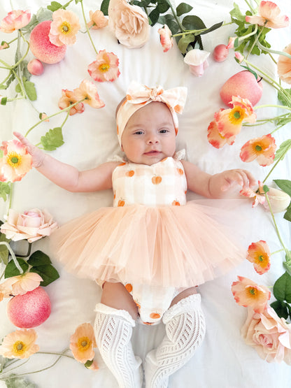 Peach Sorbet Gingham Baby Girl Tulle Party Romper