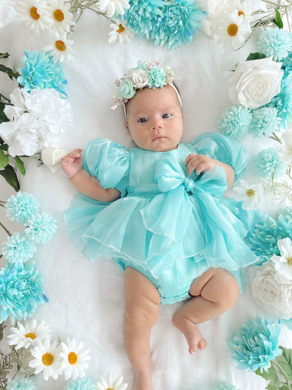 Dolly Turquoise Sky Organza Baby Girl Blue Party Romper