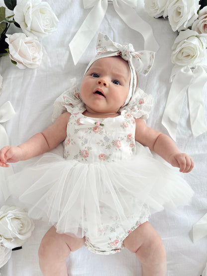 Cottage Fairy Baby Girl Floral White Tulle Party Romper