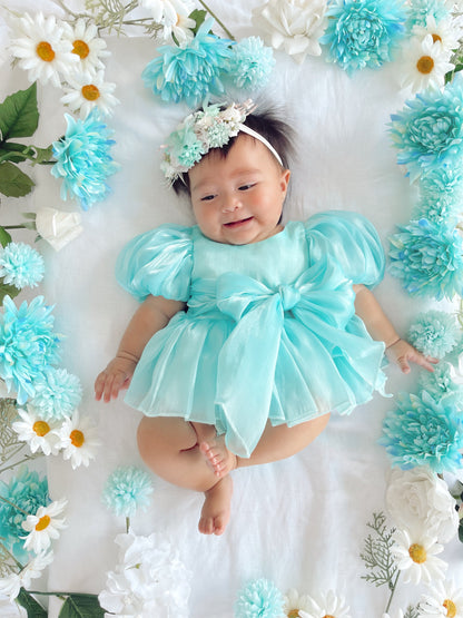 Dolly Turquoise Sky Organza Baby Girl Blue Party Romper