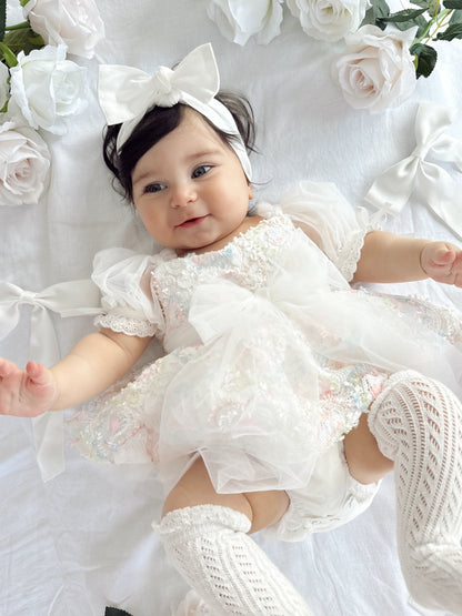Josephine Lace Blossom Baby Girl Sequin White Tulle Party Romper
