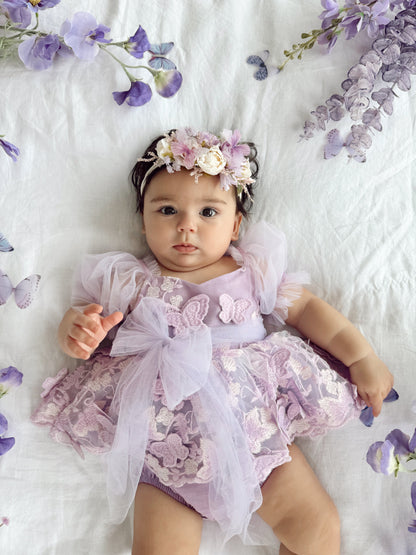 Butterfly Kisses Lilac Pink Rose Embroidered Baby Girl Tulle Party Romper