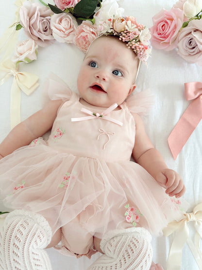 Belle Bow Perfect Pink Embroidered Baby Girl Tulle Party Romper