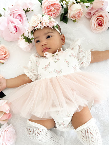 Odessa Flower Perfect Pink Floral Baby Girl Tulle Party Romper