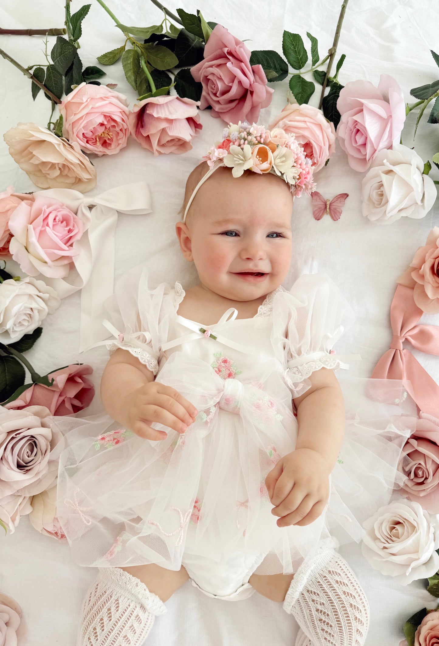 Fleur Butterfly Embroidered Baby Girl White Tulle Party Romper