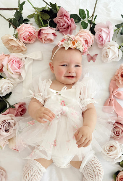 Fleur Butterfly Embroidered Baby Girl White Tulle Party Romper