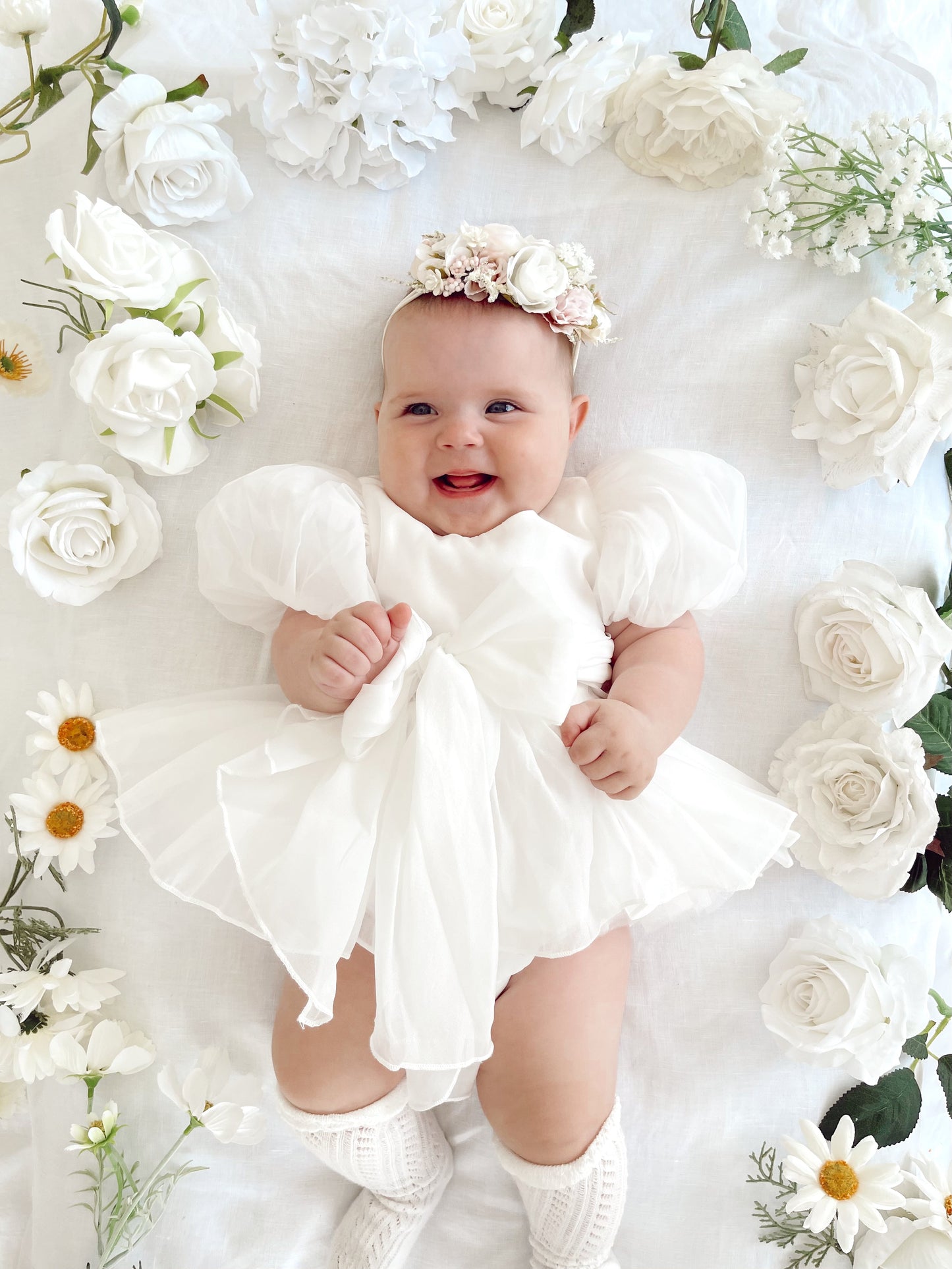Clementine Matte White Organza Baby Girl Romper