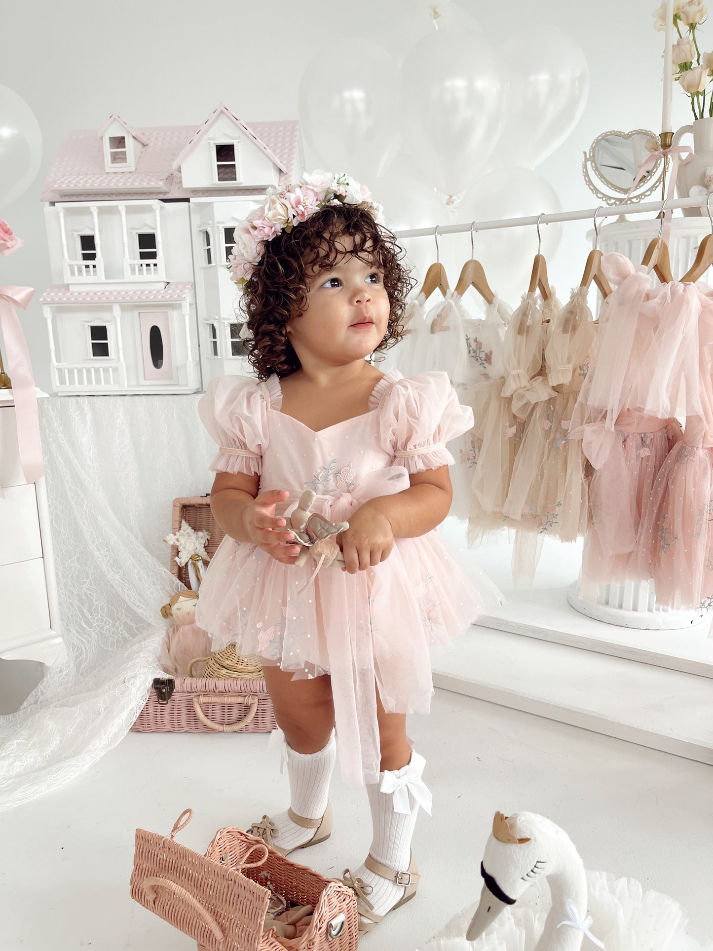 Swan Lake Ballerina Pink Embroidered Baby Girl Tulle Party Romper