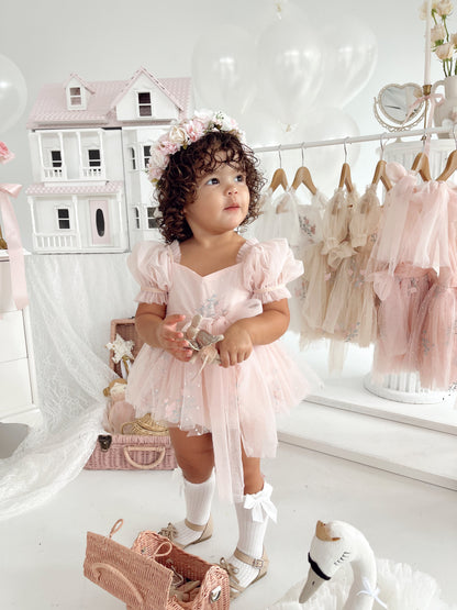 Swan Lake Ballerina Pink Embroidered Baby Girl Tulle Party Romper