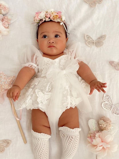 White Butterfly Kisses Baby Girls Embroidered Tulle Romper