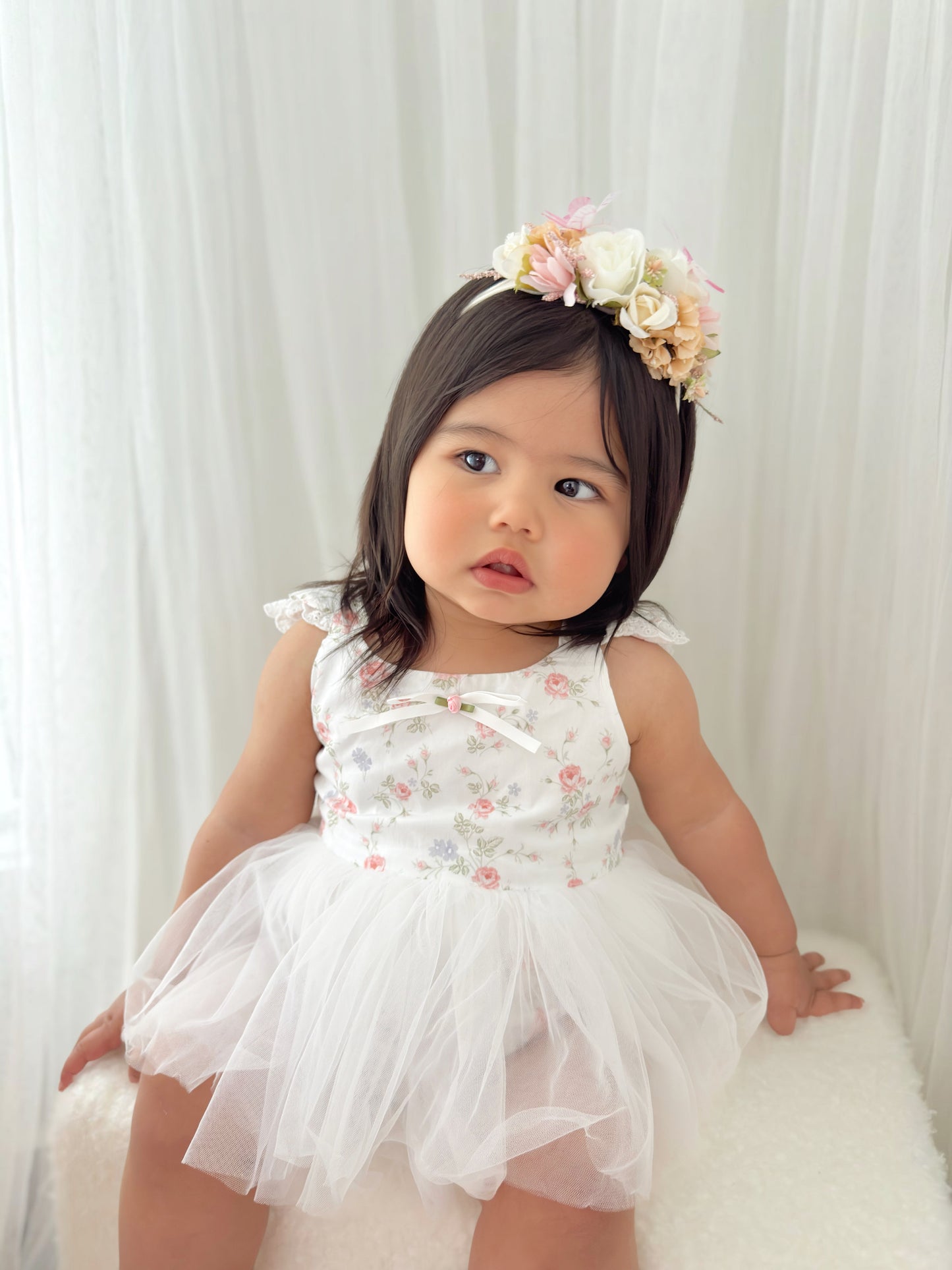 Cottage Fairy Baby Girl Floral White Tulle Party Romper