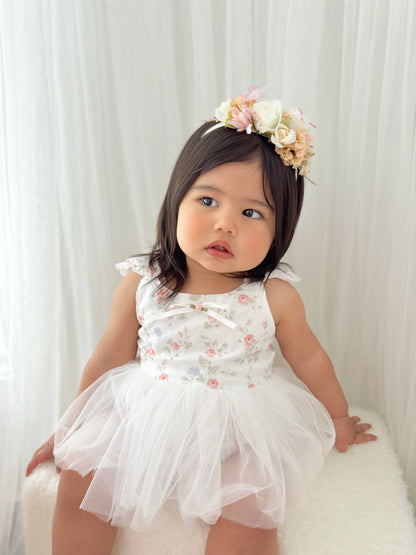 Cottage Fairy Baby Girl Floral White Tulle Party Romper