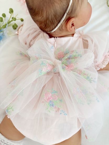 Peony Bloom Petal Pink Embroidered Baby Girl Tulle Party Romper