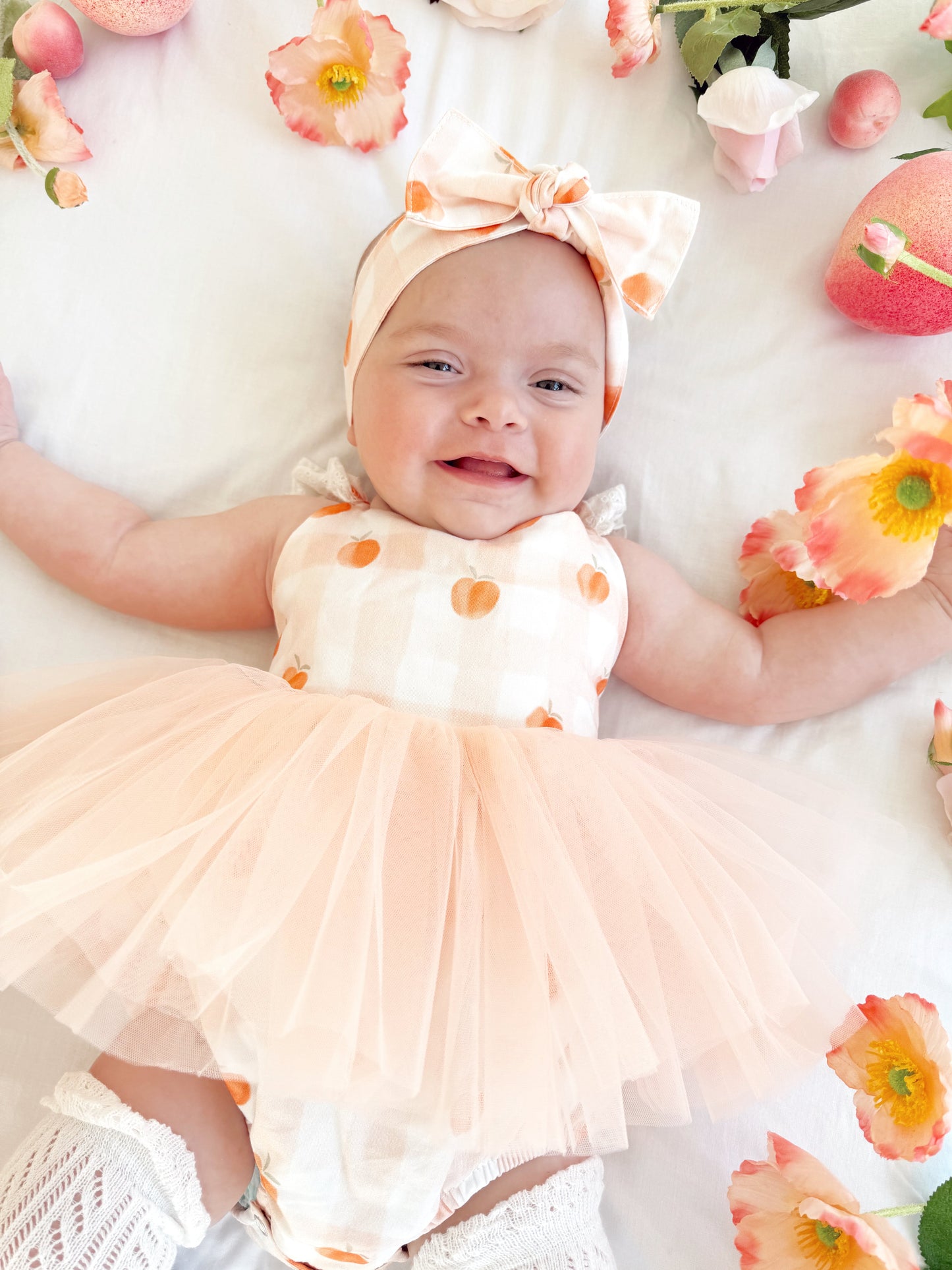 Peach Sorbet Gingham Baby Girl Tulle Party Romper