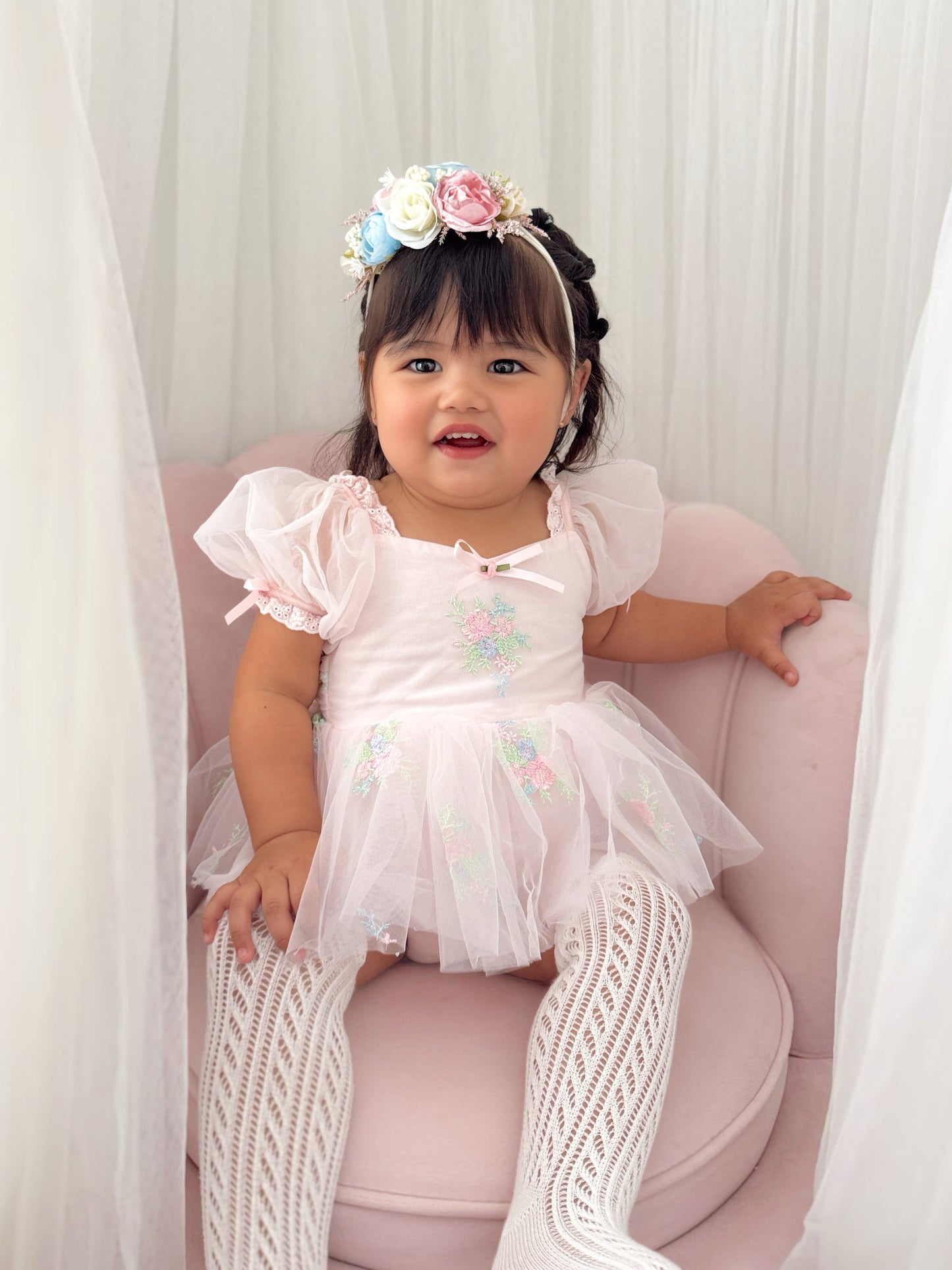 Peony Bloom Petal Pink Embroidered Baby Girl Tulle Party Romper