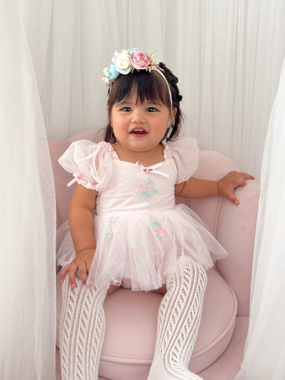 Peony Bloom Petal Pink Embroidered Baby Girl Tulle Party Romper