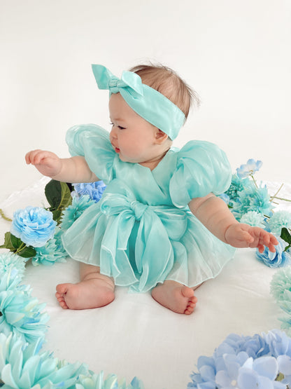 Dolly Turquoise Sky Organza Baby Girl Blue Party Romper