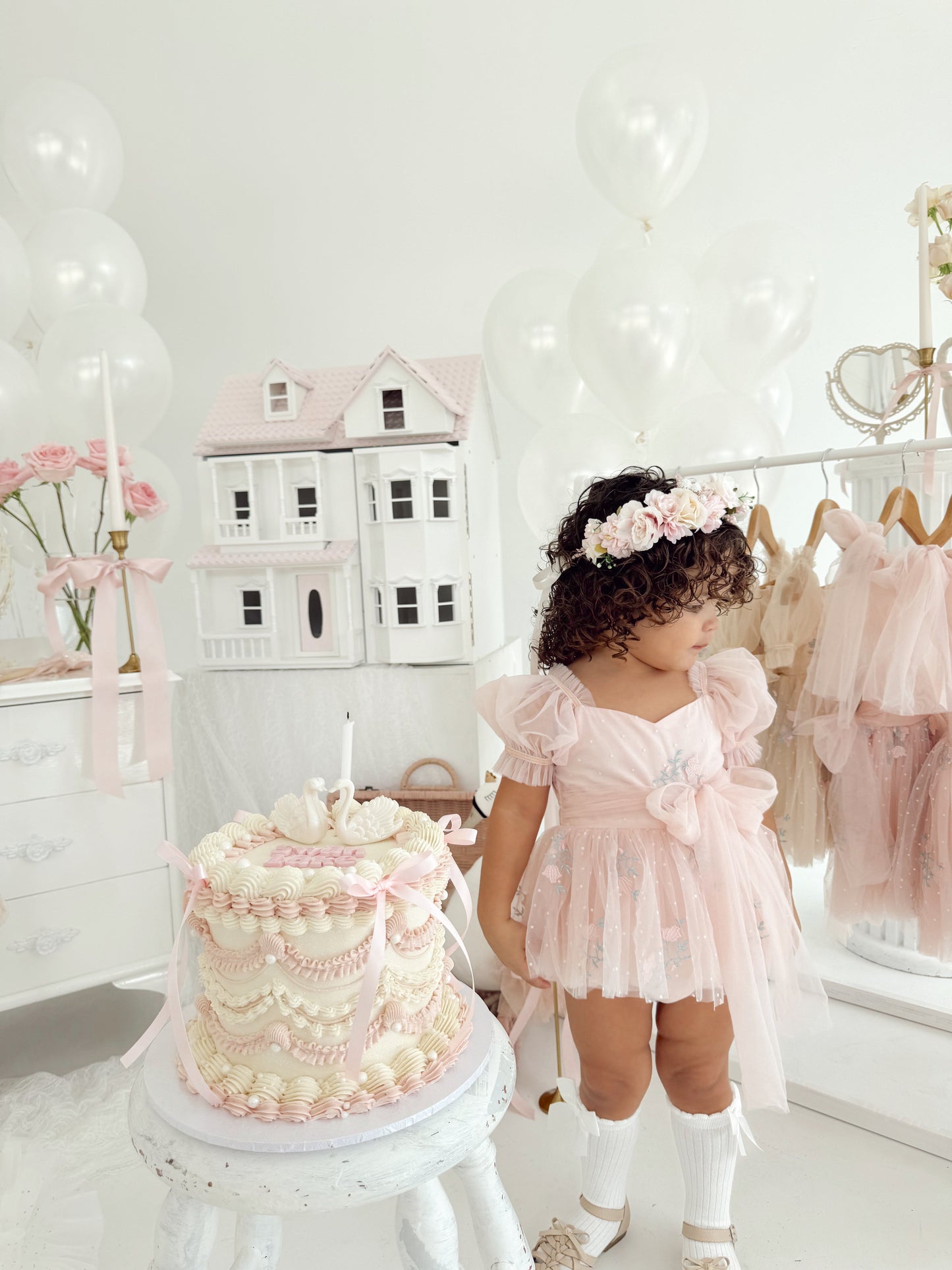 Swan Lake Ballerina Pink Embroidered Baby Girl Tulle Party Romper