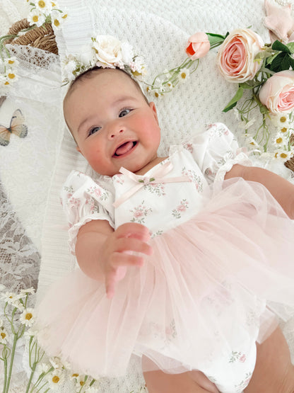 Odessa Flower Perfect Pink Floral Baby Girl Tulle Party Romper