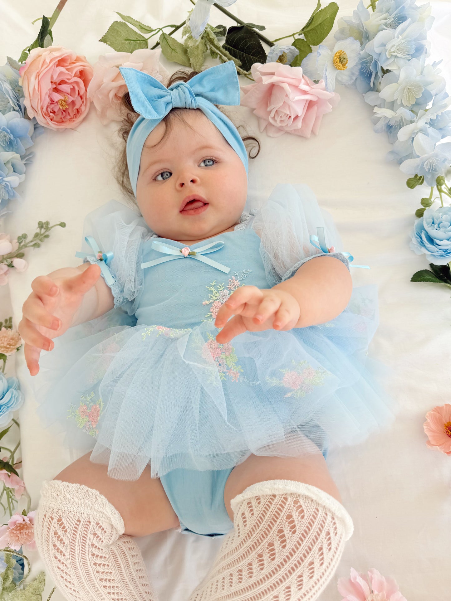 Afina Blue Embroidered Baby Girl Tulle Party Romper
