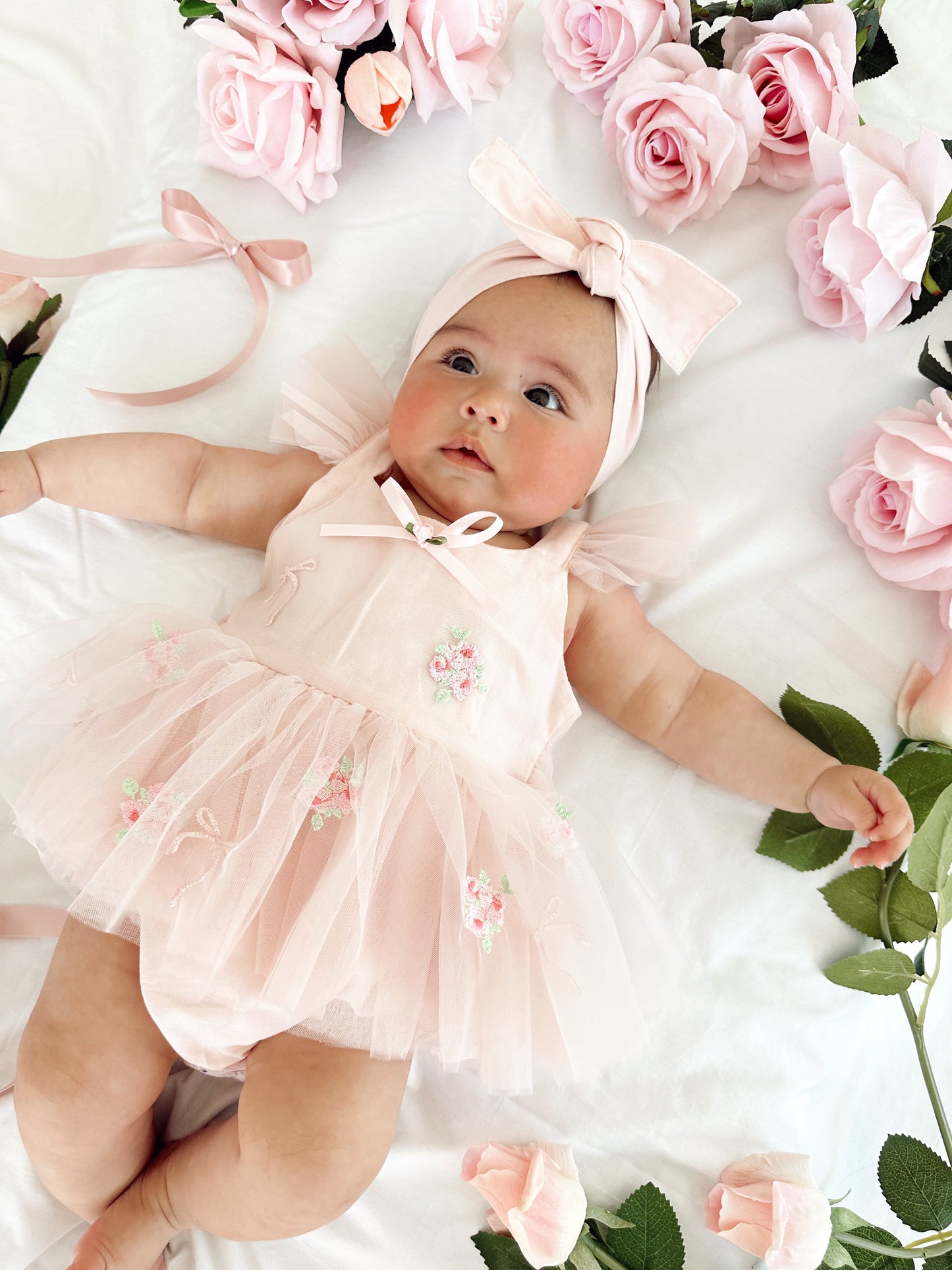 Belle Bow Perfect Pink Embroidered Baby Girl Tulle Party Romper