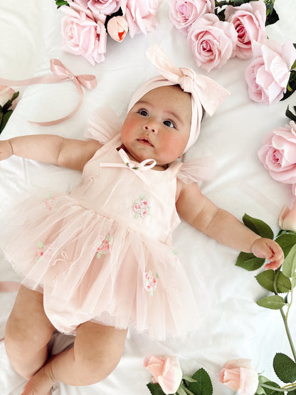 Belle Bow Perfect Pink Embroidered Baby Girl Tulle Party Romper