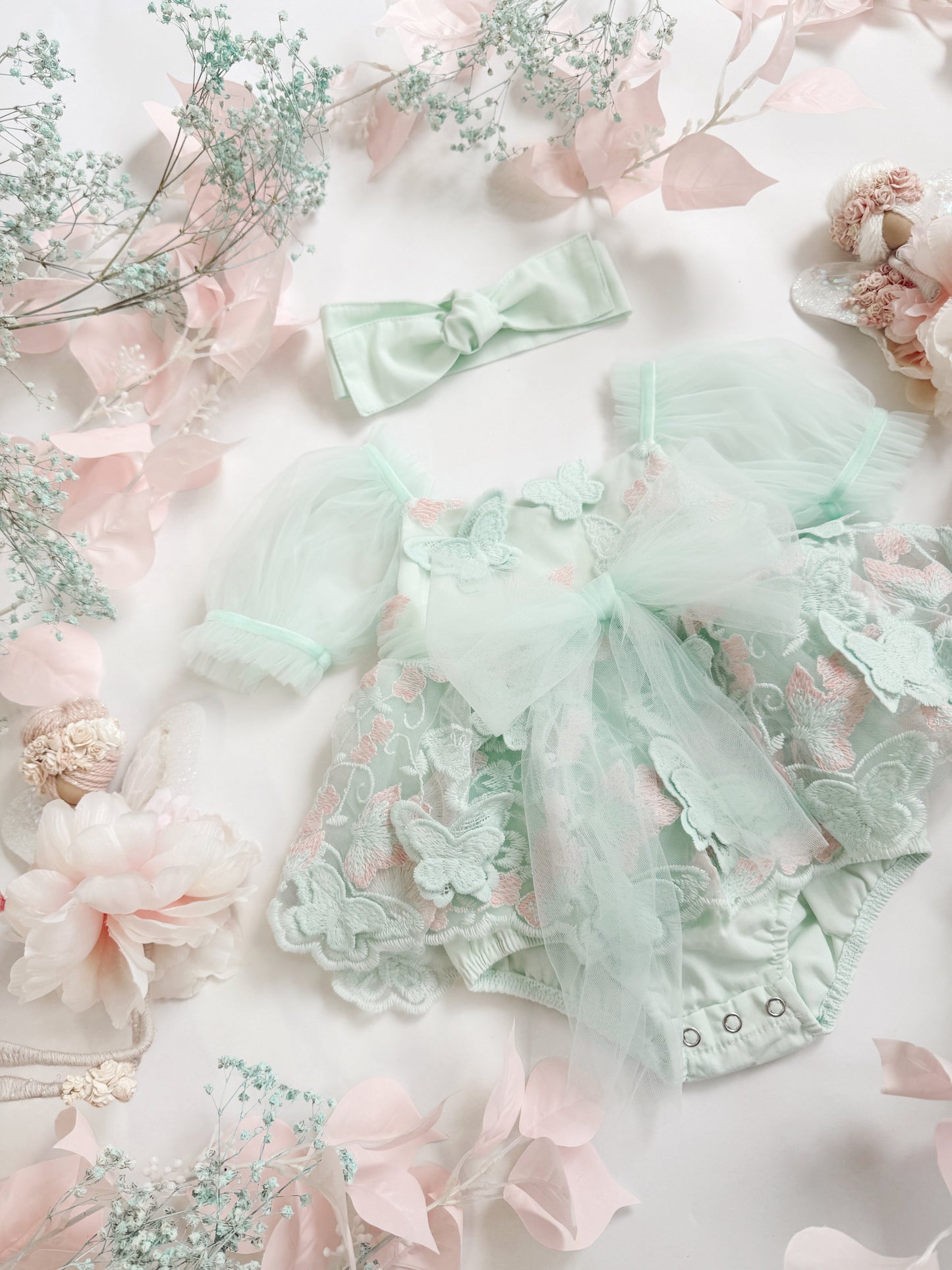Butterfly Kisses Peppermint Pink Embroidered Baby Girl Tulle Party Romper
