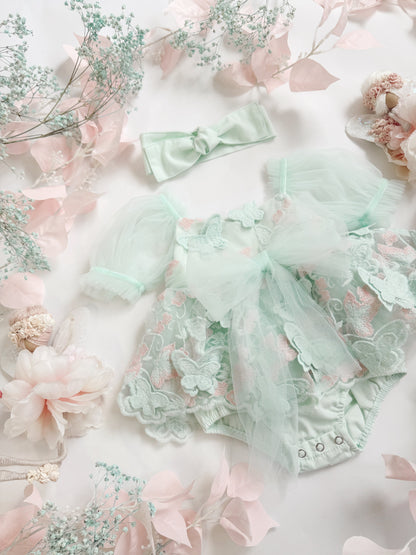 Butterfly Kisses Peppermint Pink Embroidered Baby Girl Tulle Party Romper