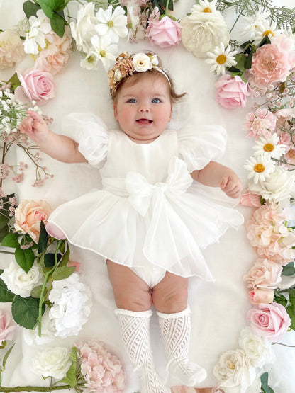 Clementine Matte White Organza Baby Girl Romper