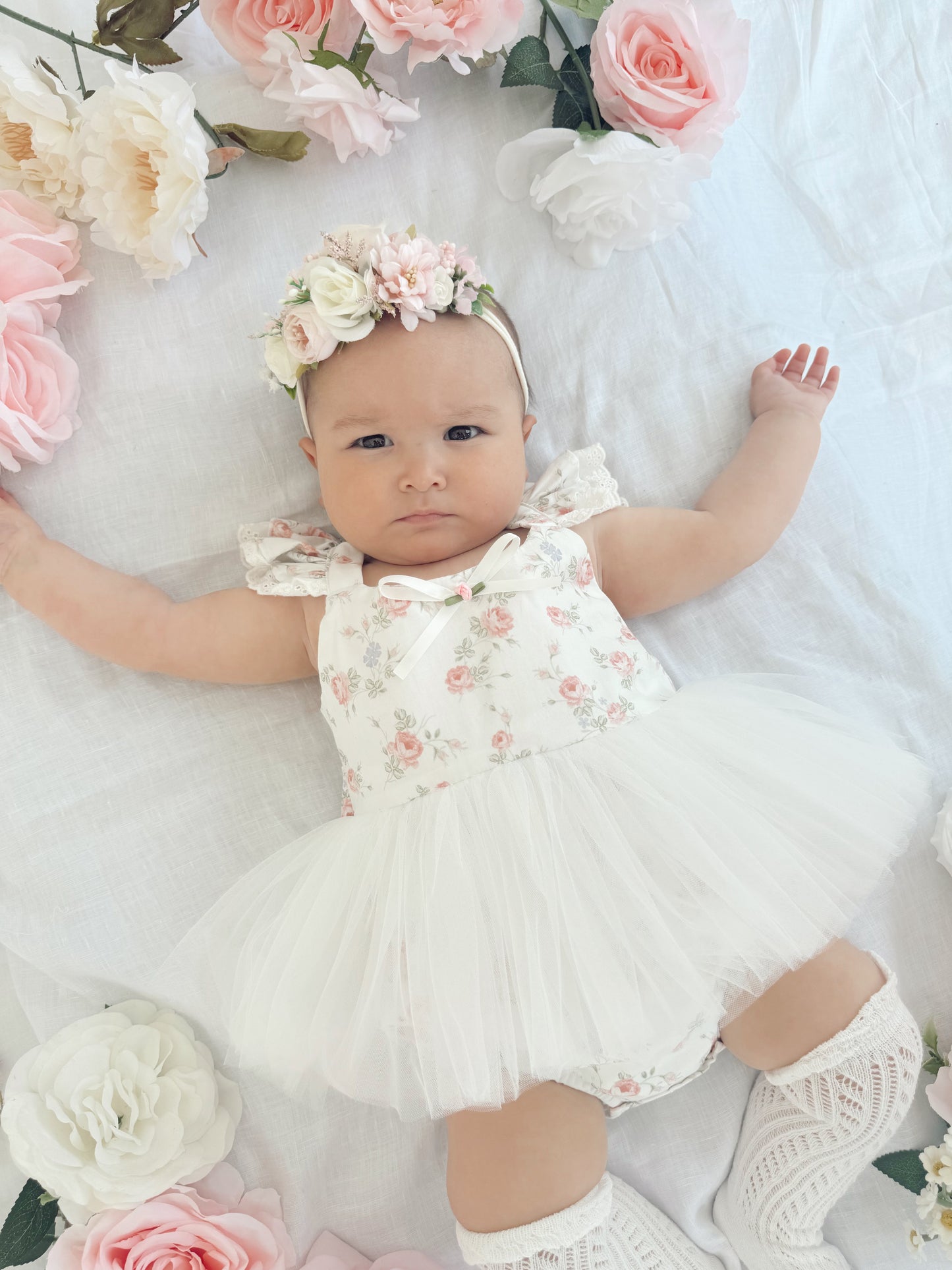 Cottage Fairy Baby Girl Floral White Tulle Party Romper