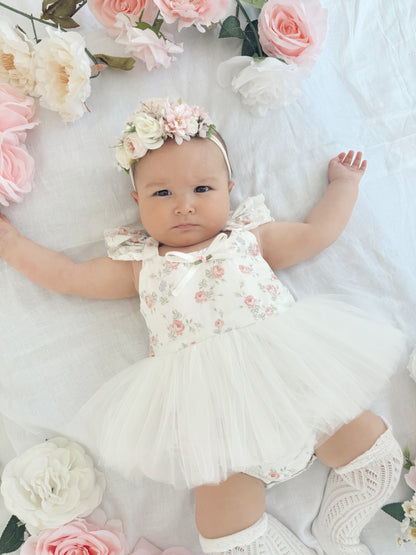 Cottage Fairy Baby Girl Floral White Tulle Party Romper