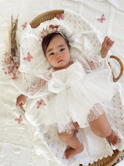 Swiss Dot Bloom White Baby Girl Tulle Romper