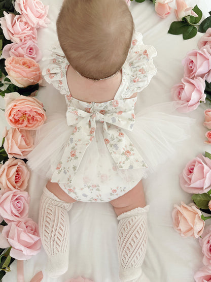 Cottage Fairy Baby Girl Floral White Tulle Party Romper