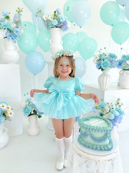 Dolly Turquoise Sky Organza Baby Girl Blue Party Romper