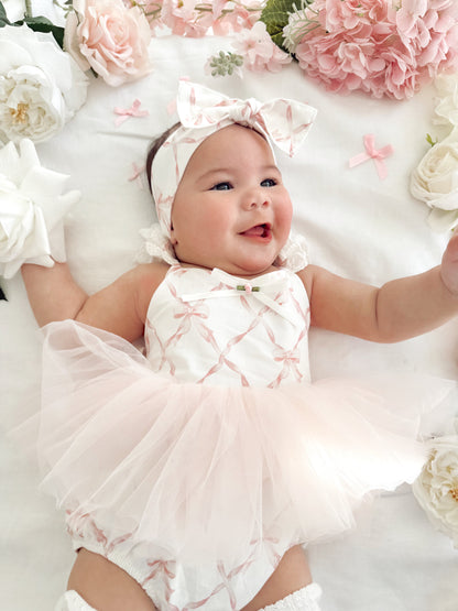 Rosette Pink Bow Baby Girl Tulle Party Romper