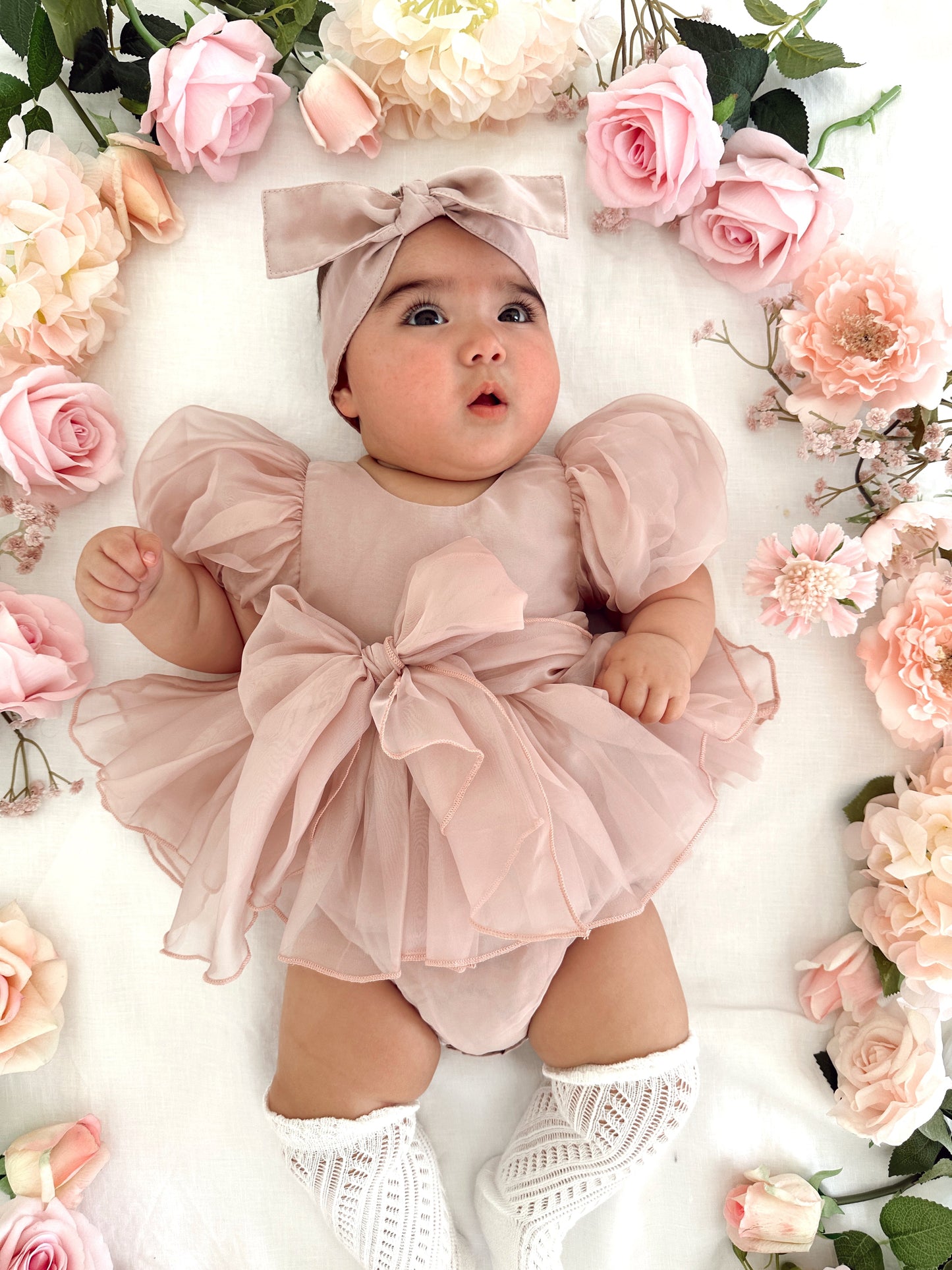 Clementine Matte Blush Rose Pink Organza Baby Girl Romper