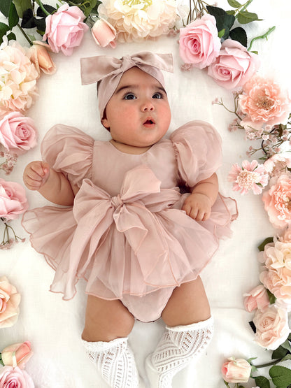Clementine Matte Blush Rose Pink Organza Baby Girl Romper