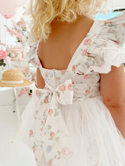 Cottage Fairy Baby Girl Floral White Tulle Party Romper
