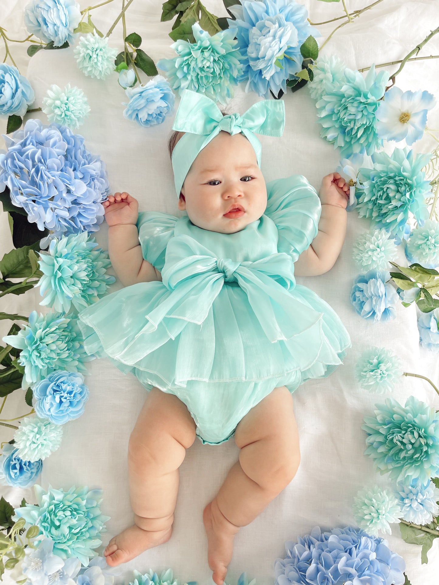 Dolly Turquoise Sky Organza Baby Girl Blue Party Romper