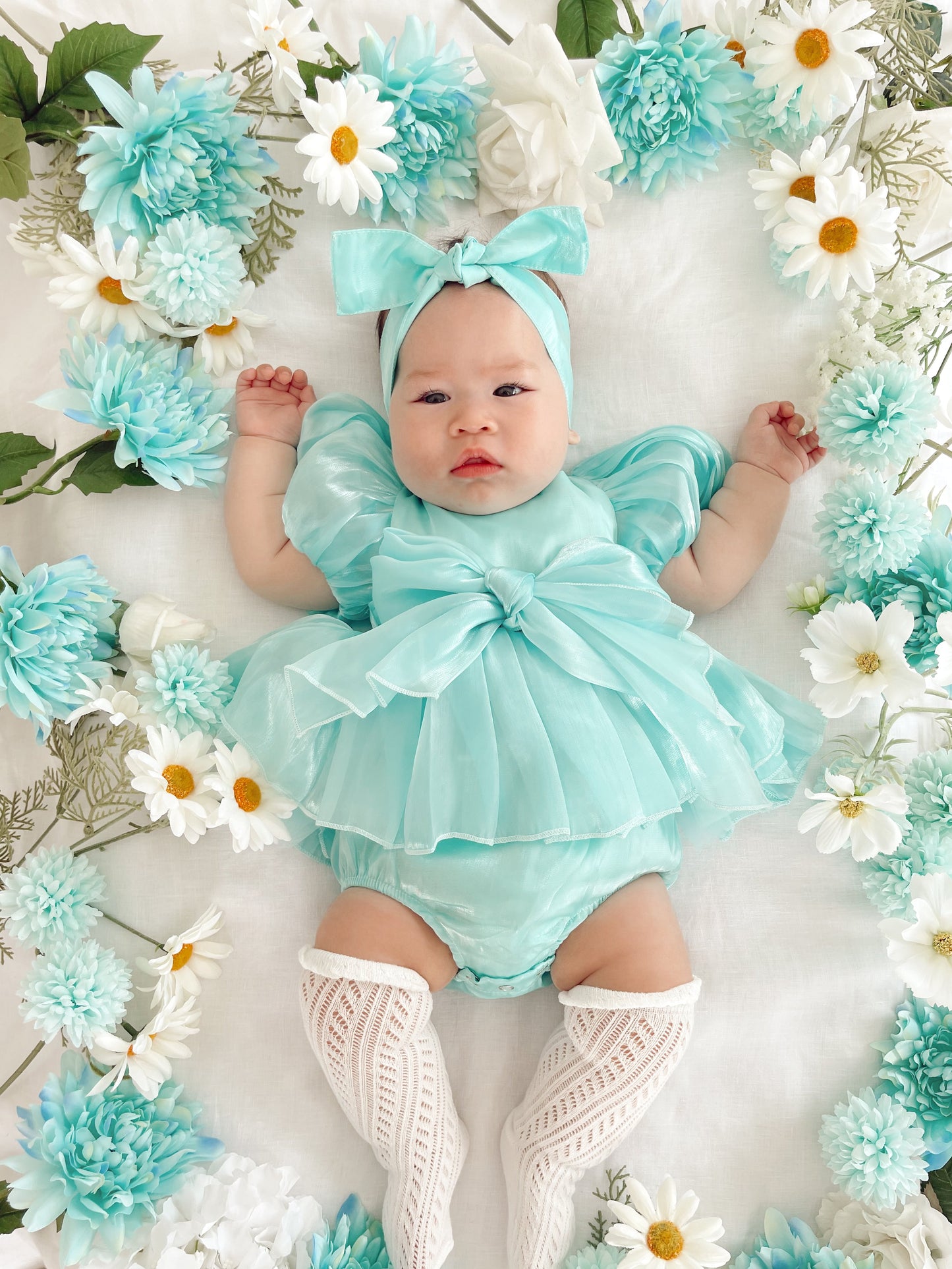 Dolly Turquoise Sky Organza Baby Girl Blue Party Romper