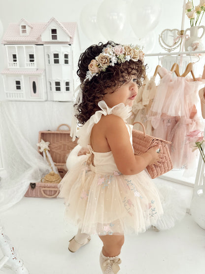 The Rose Champagne Embroidered Baby Girl Tulle Party Romper