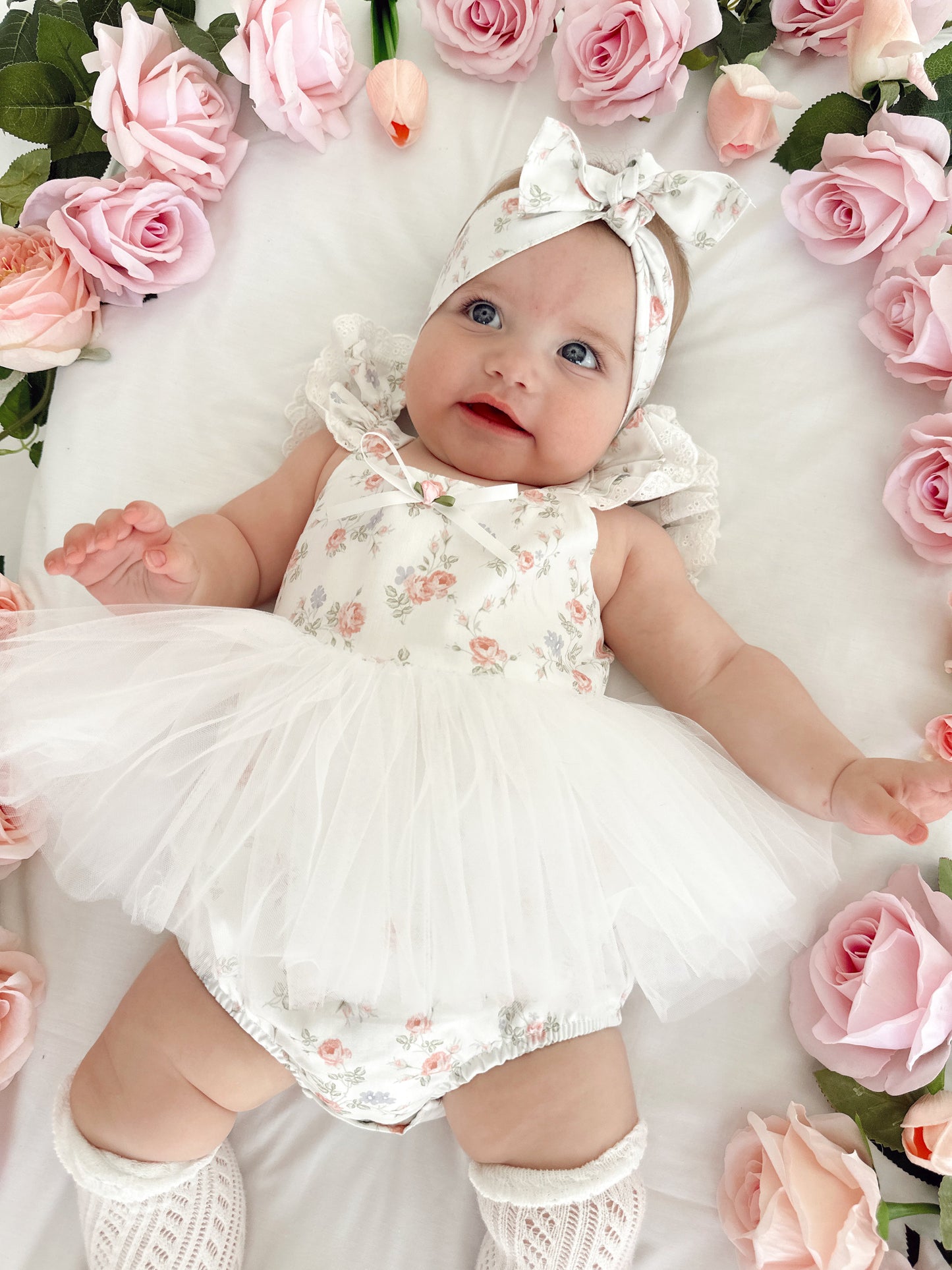 Cottage Fairy Baby Girl Floral White Tulle Party Romper