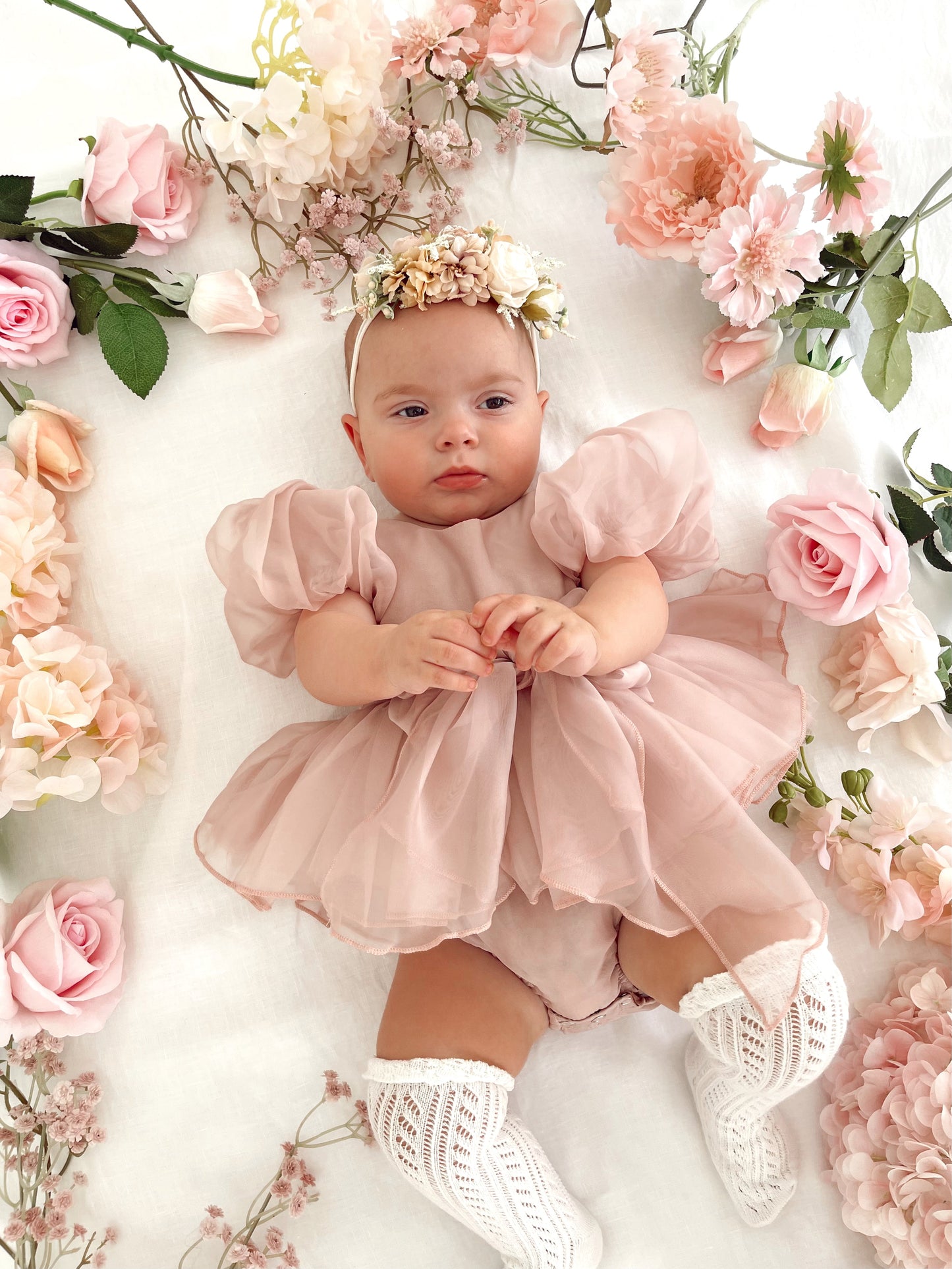 Clementine Matte Blush Rose Pink Organza Baby Girl Romper