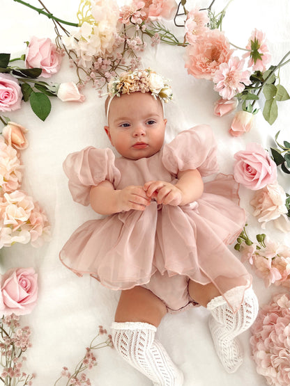 Clementine Matte Blush Rose Pink Organza Baby Girl Romper