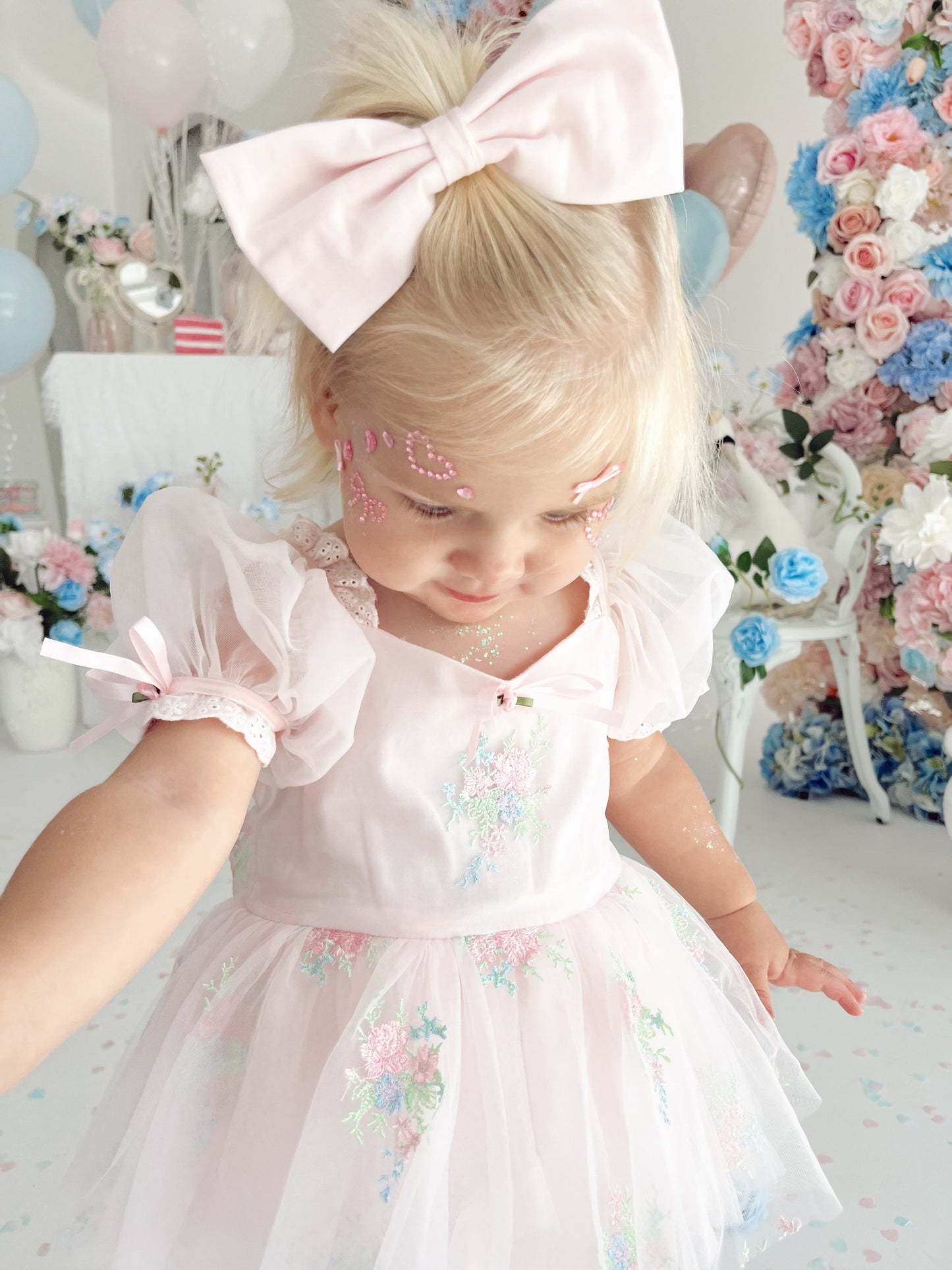 Peony Bloom Petal Pink Embroidered Baby Girl Tulle Party Romper