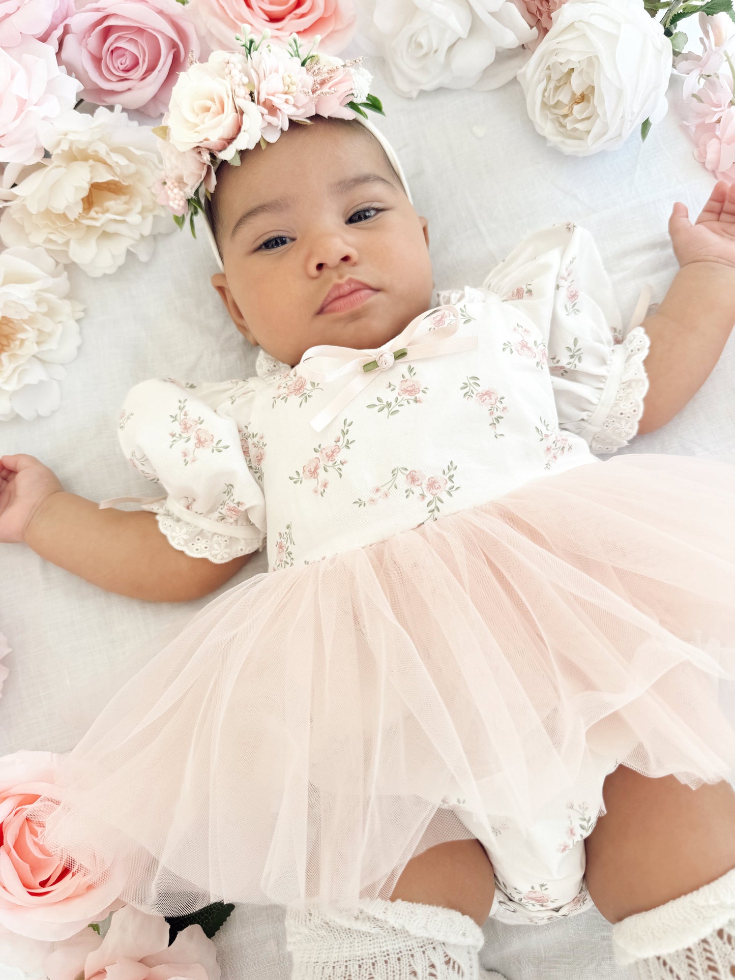 Odessa Flower Perfect Pink Floral Baby Girl Tulle Party Romper