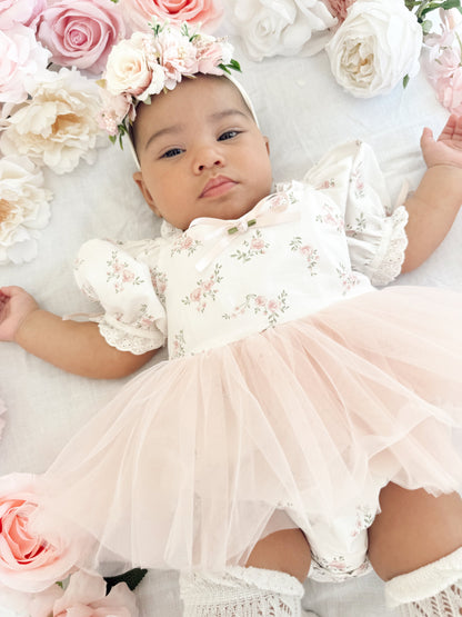 Odessa Flower Perfect Pink Floral Baby Girl Tulle Party Romper