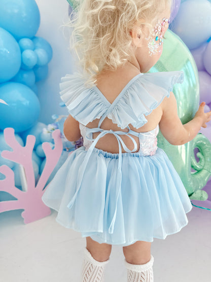 Ariel Ocean Blue Organza Sequin Baby Girl Party Romper